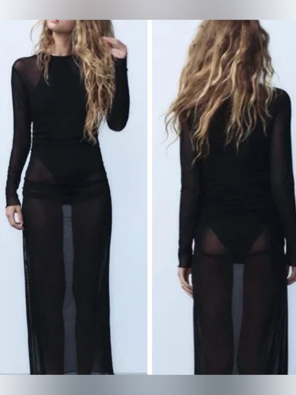 New Zara Sheer Black Long Sleeve Maxi Dress